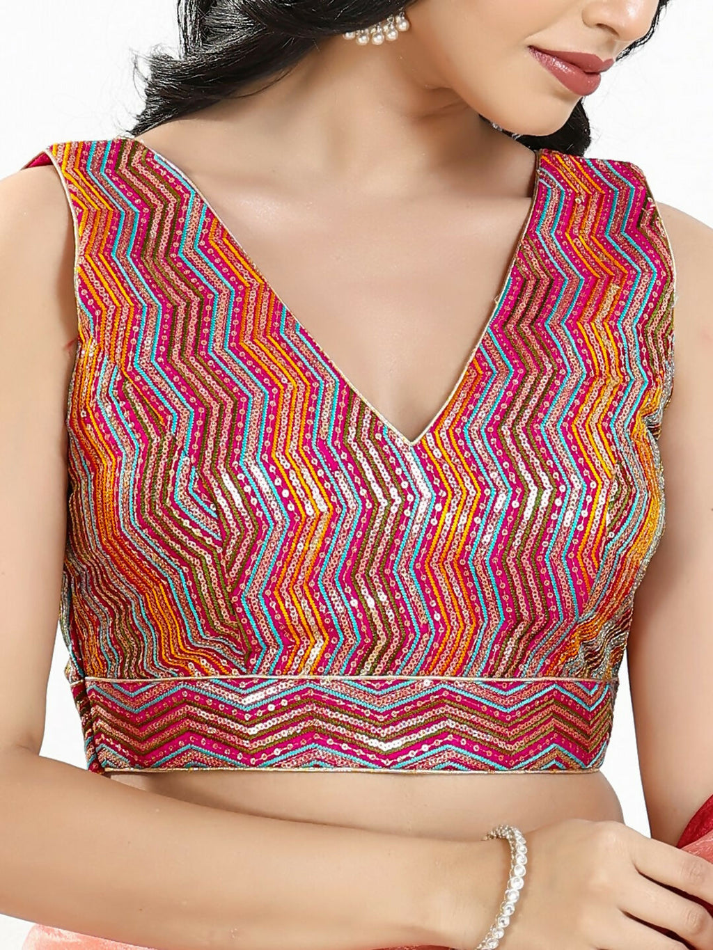 Joban Fashion Pink Multi Silk Padded Blouse With V Neck Sleeveless | Grocsy