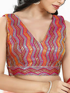 Joban Fashion Pink Multi Silk Padded Blouse With V Neck Sleeveless | Grocsy