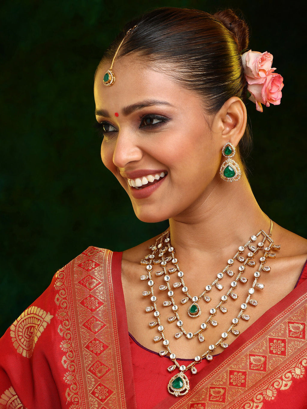 Ruby Raang 22k Gold Polished Layered Kundan And Emerald Necklace With Earrings And Maang Tikka | Grocsy