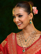 Ruby Raang 22k Gold Polished Layered Kundan And Emerald Necklace With Earrings And Maang Tikka | Grocsy