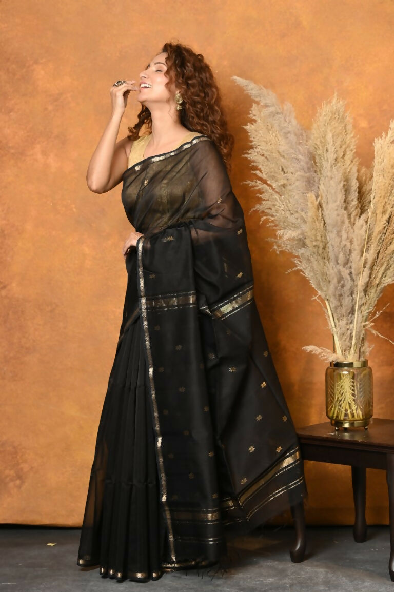Very Much Indian Handloom Pure Cotton Silk Saree With Sleek Golden Border - Black | Grocsy