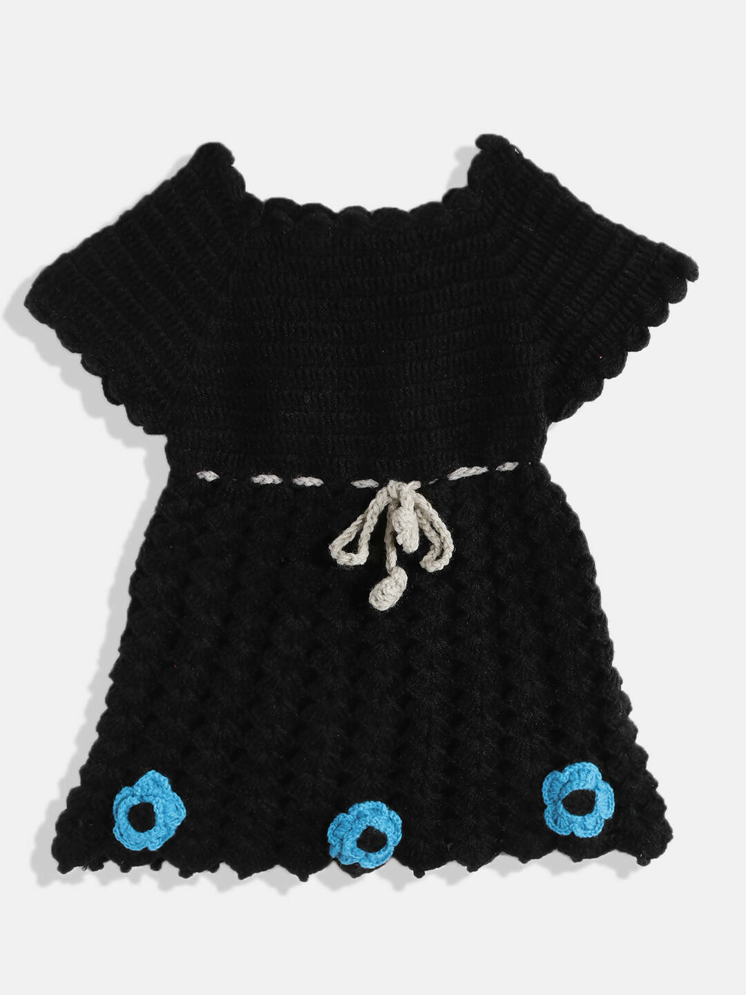 Chutput Kids Woollen Hand Knitted Full Sleeves Cardigan With Short Sleeves Flower Work Dress For Baby Girls - Grey | Grocsy