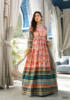 Wedding Designer Multi Soft Dola Silk Anarkali suit with Dupatta - Sanj | Grocsy