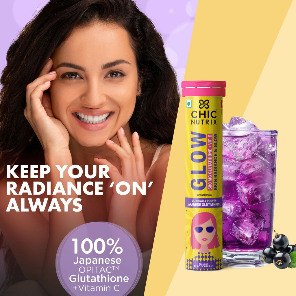Chicnutrix Glow 500mg Effervescent Tablets - Black Currant Flavour Antioxidants For Clear, Glowing Skin | Grocsy