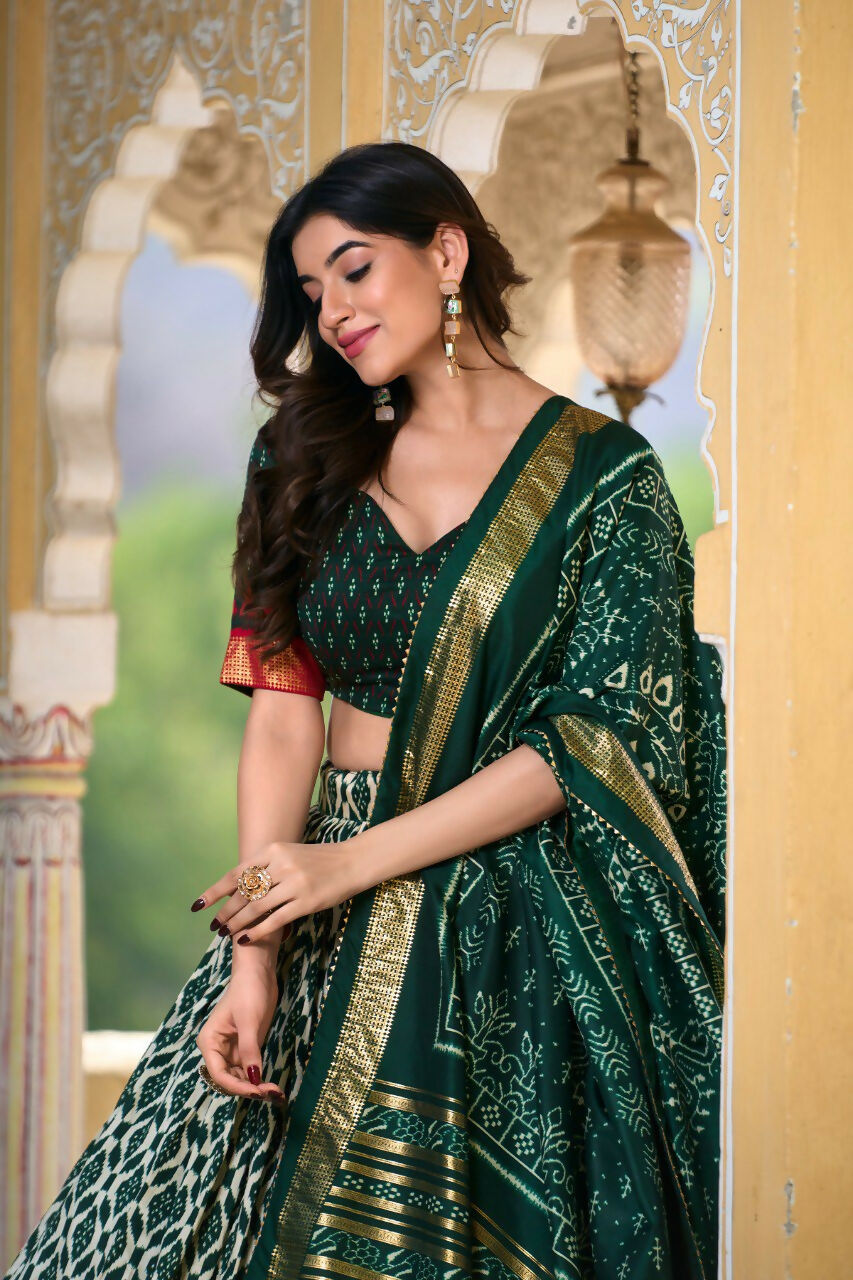 Vastranavya Designer Ikkat Print With Foil Work Lehenga Choli - Green | Grocsy