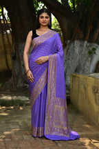 Joban Fashion Lavender Crepe Chiffon Pure Handloom Banarasi Silk Saree | Grocsy