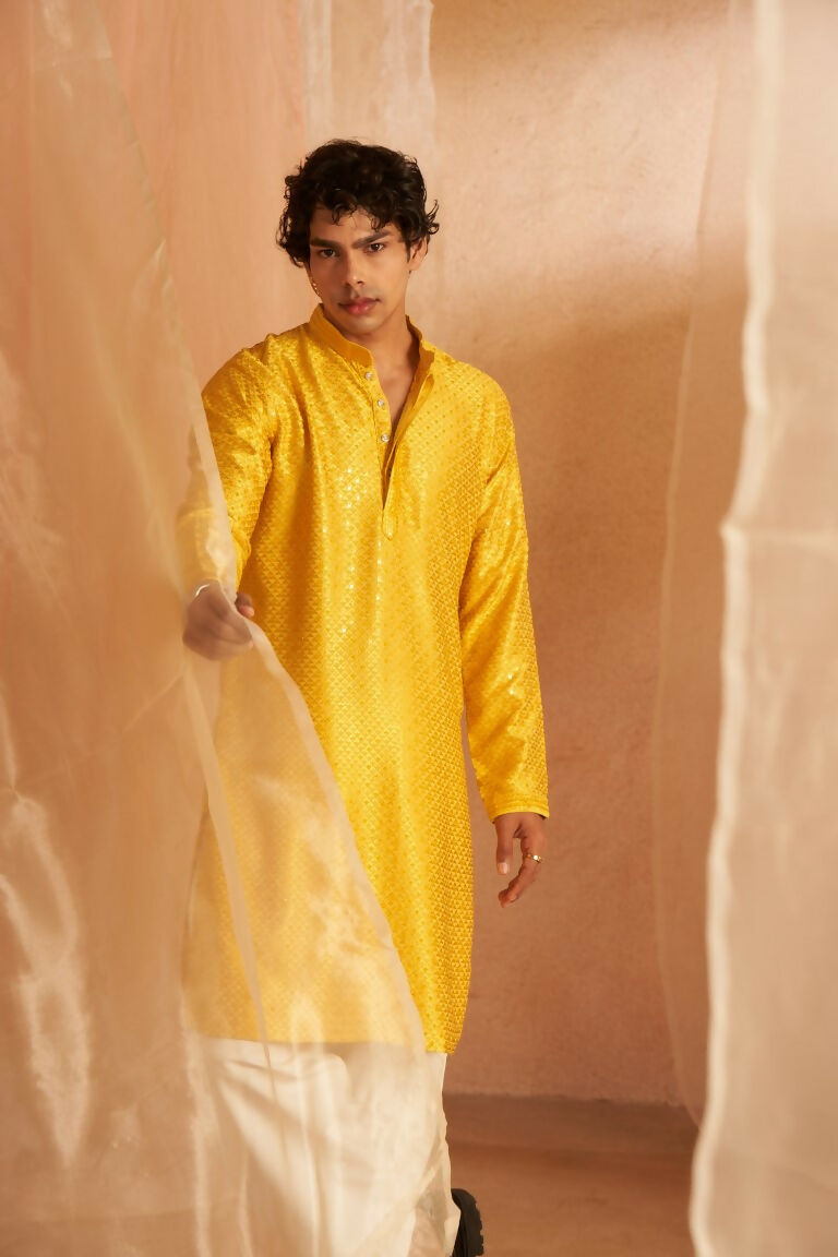 Yellow Viscose Chikankari Embroidery Work Men's Traditional Kurta Set - Mahotsav | Grocsy