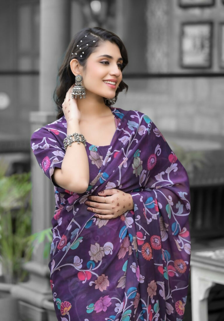 stylish Casual Purple Imported georgette Ready to Wear Fancy Saree - Ashwini | Grocsy