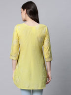 Ahalyaa Women Yellow Pure Cotton Glitter Print Tunic | Grocsy