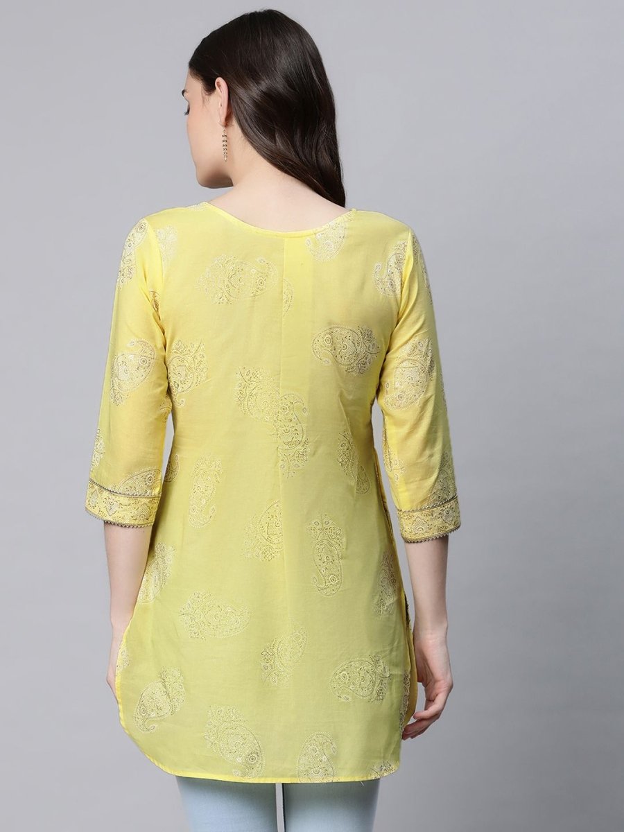 Ahalyaa Women Yellow Pure Cotton Glitter Print Tunic | Grocsy