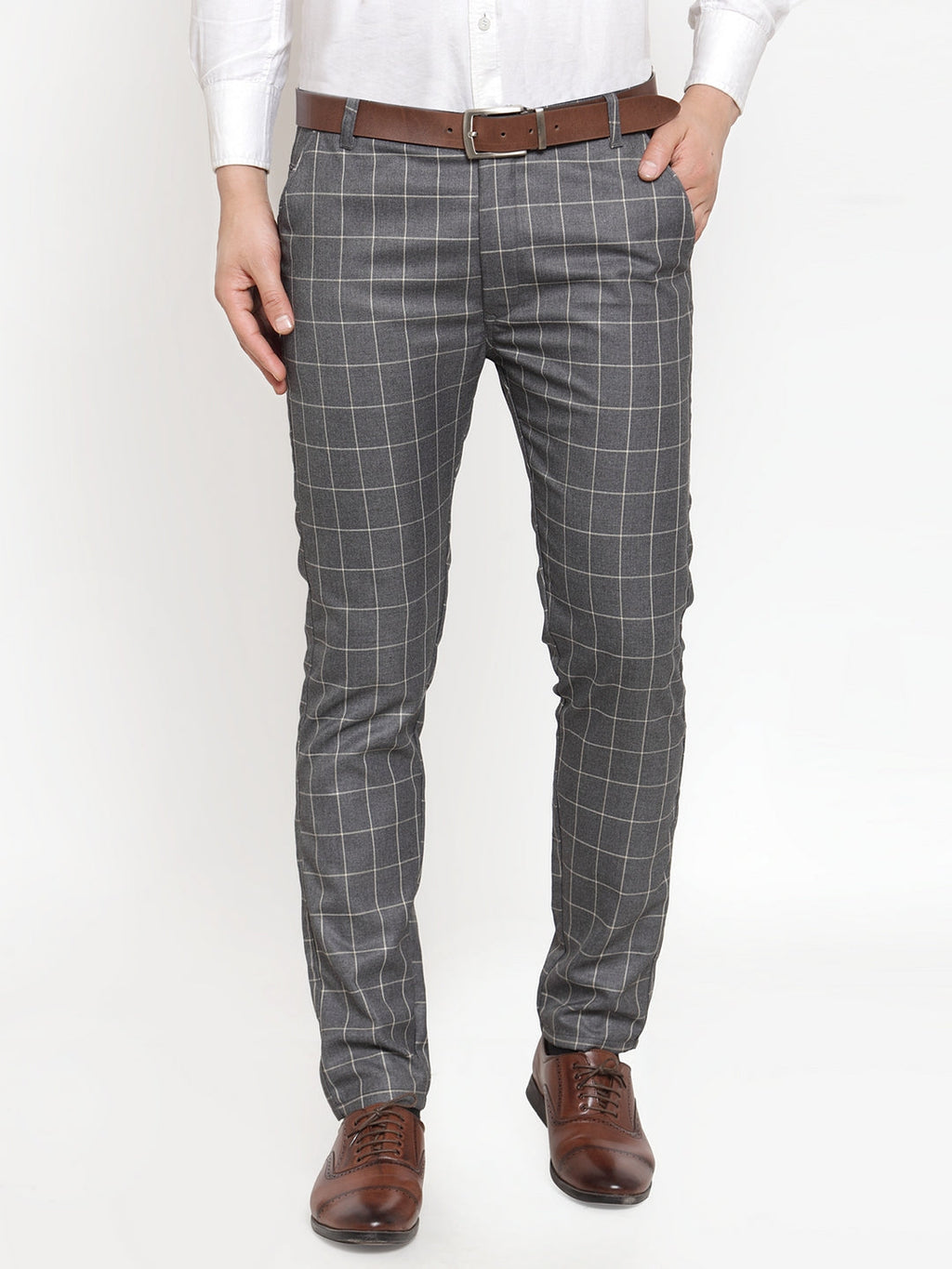 Jainish Men's Grey Checked Formal Trousers ( GP 254Grey ) | Grocsy