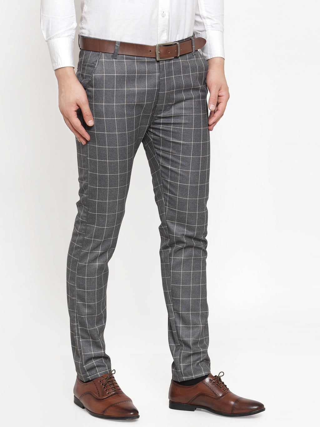 Jainish Men's Grey Checked Formal Trousers ( GP 254Grey ) | Grocsy