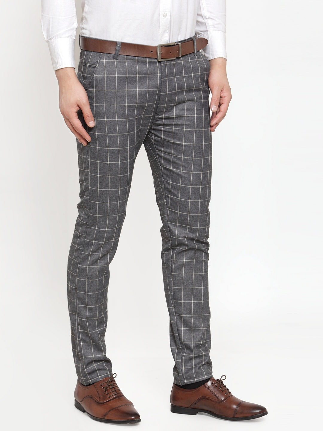 Jainish Men's Grey Checked Formal Trousers ( GP 254Grey ) | Grocsy