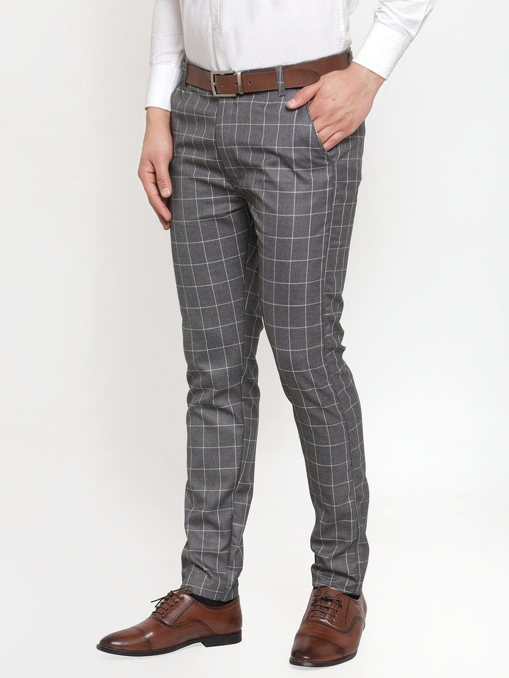 Jainish Men's Grey Checked Formal Trousers ( GP 254Grey ) | Grocsy
