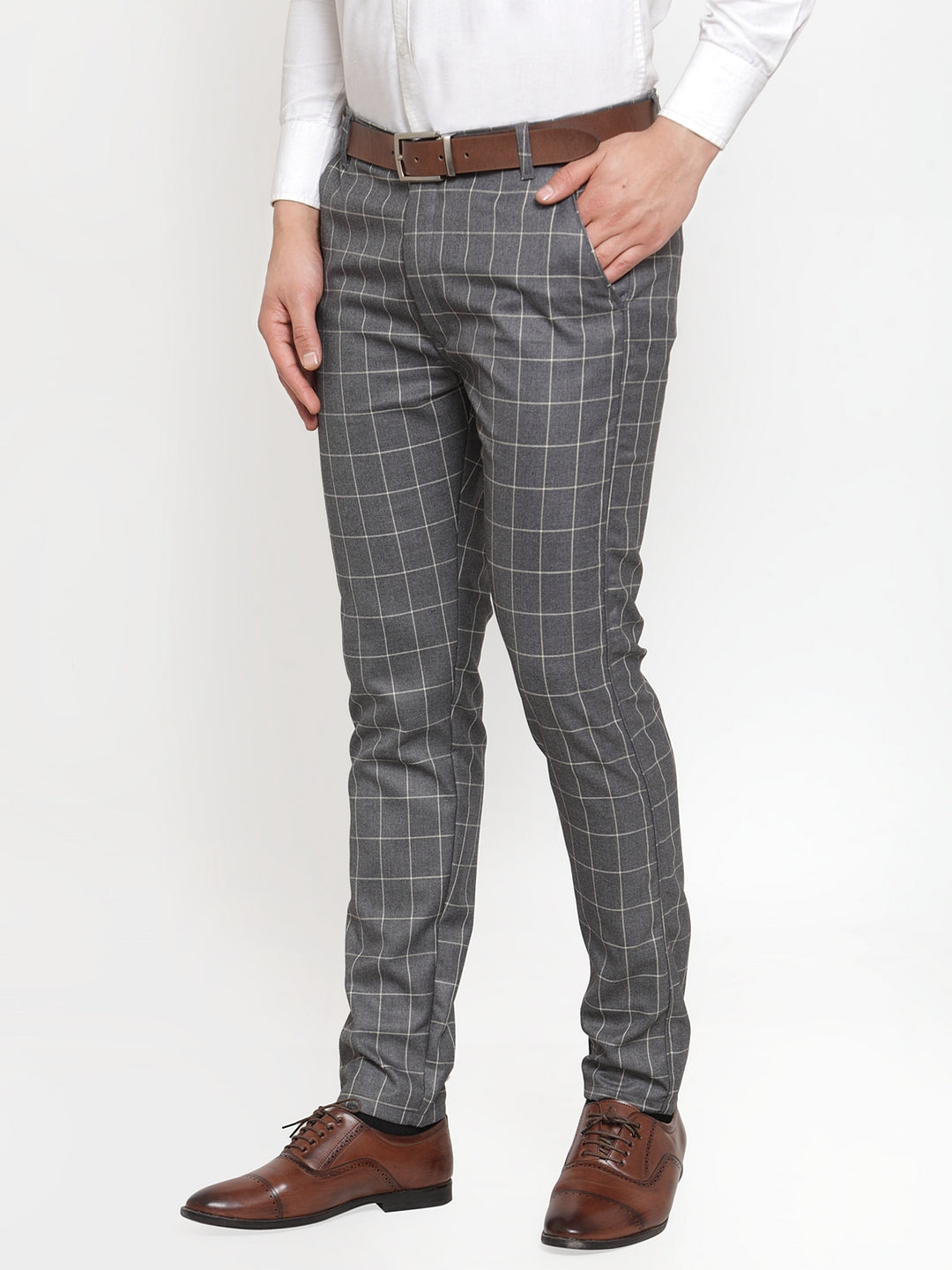 Jainish Men's Grey Checked Formal Trousers ( GP 254Grey ) | Grocsy