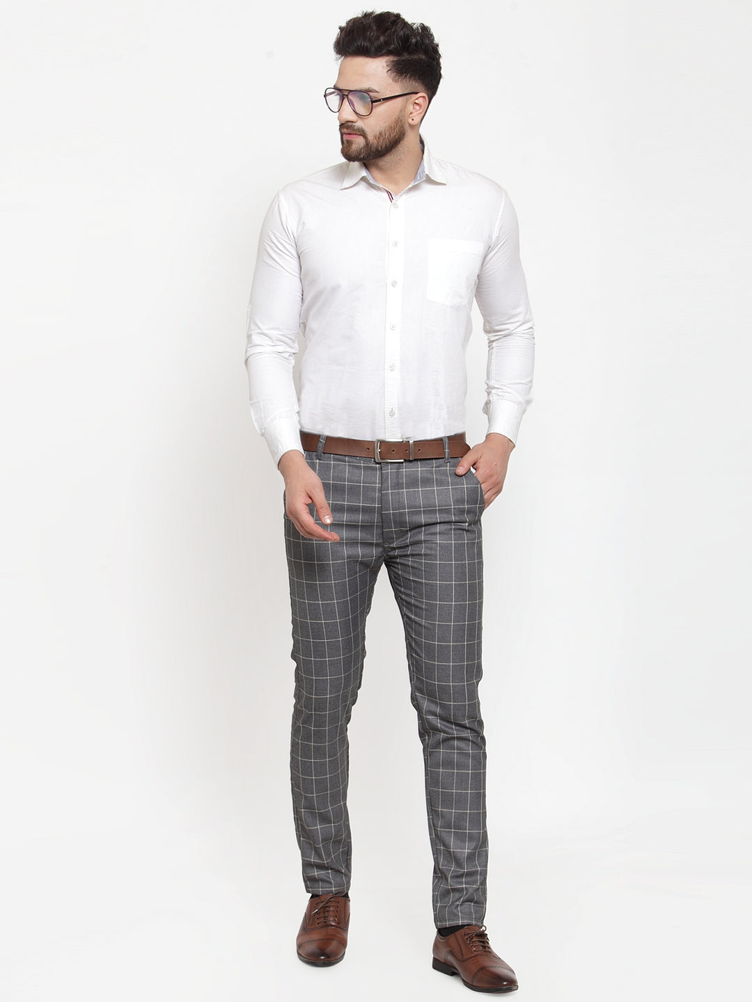 Jainish Men's Grey Checked Formal Trousers ( GP 254Grey ) | Grocsy