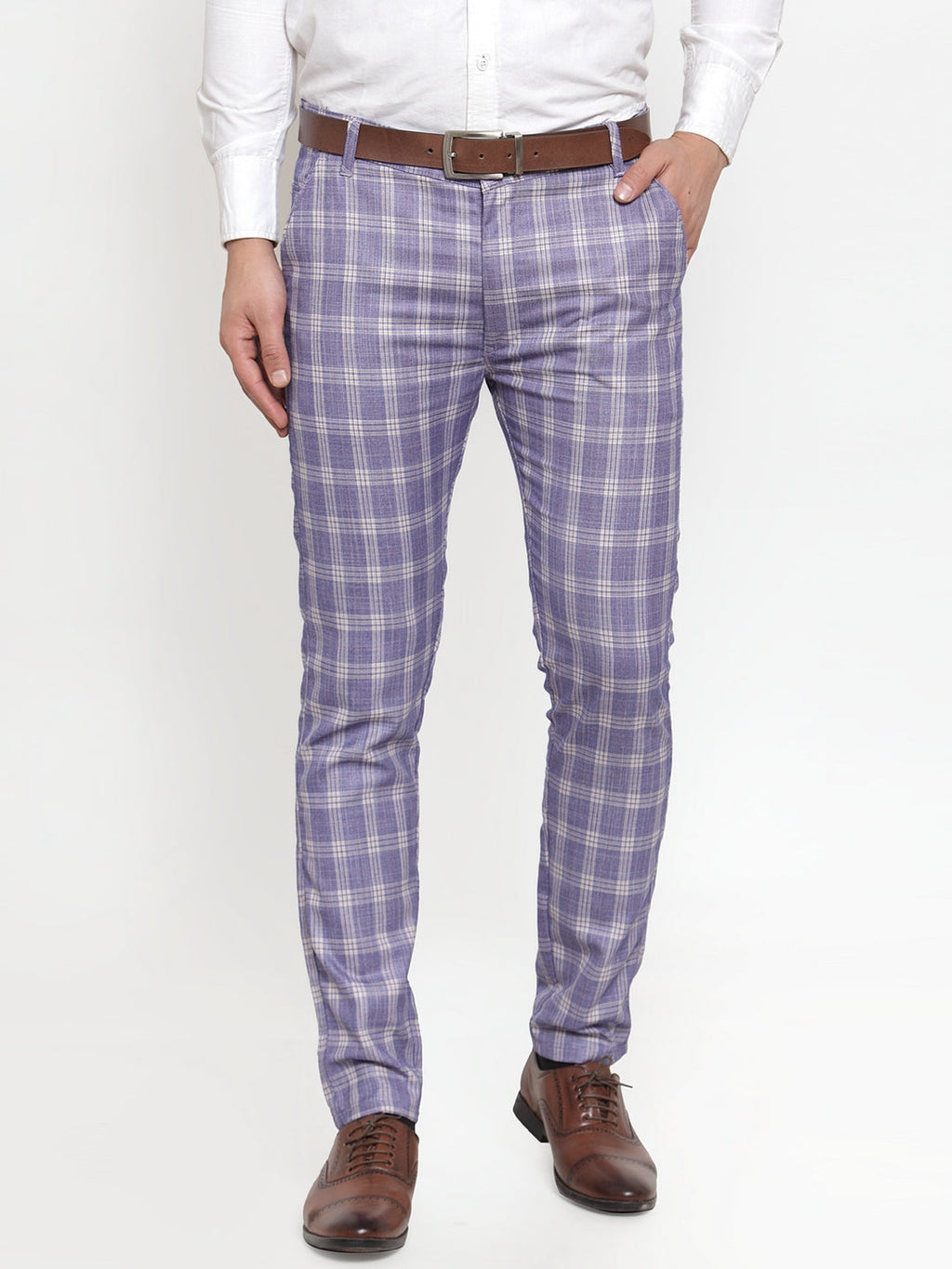 Jainish Men's Blue Checked Formal Trousers ( GP 254Light-Blue ) | Grocsy
