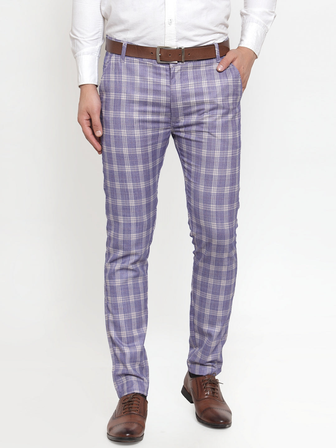 Jainish Men's Blue Checked Formal Trousers ( GP 254Light-Blue ) | Grocsy