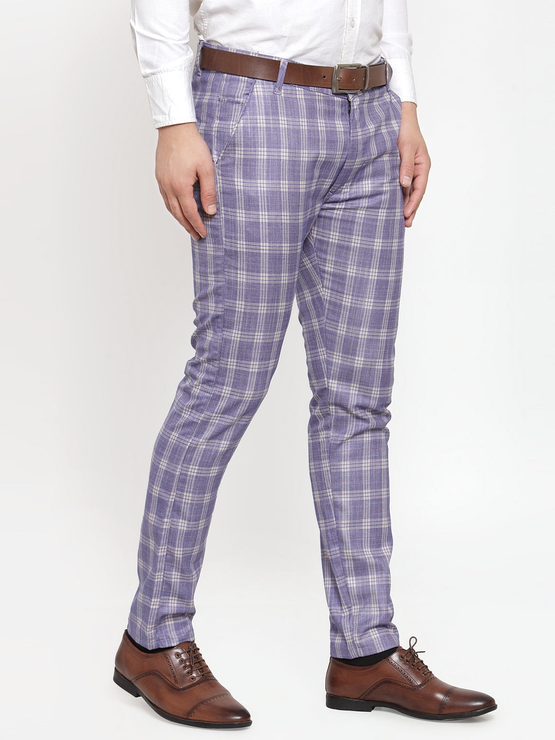 Jainish Men's Blue Checked Formal Trousers ( GP 254Light-Blue ) | Grocsy