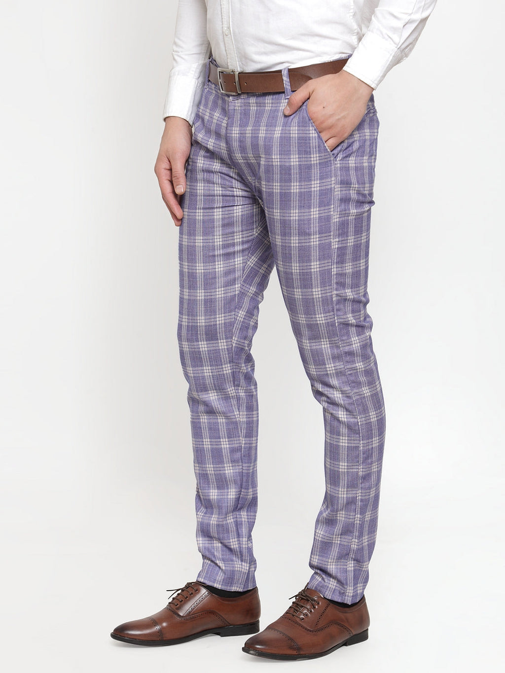 Jainish Men's Blue Checked Formal Trousers ( GP 254Light-Blue ) | Grocsy