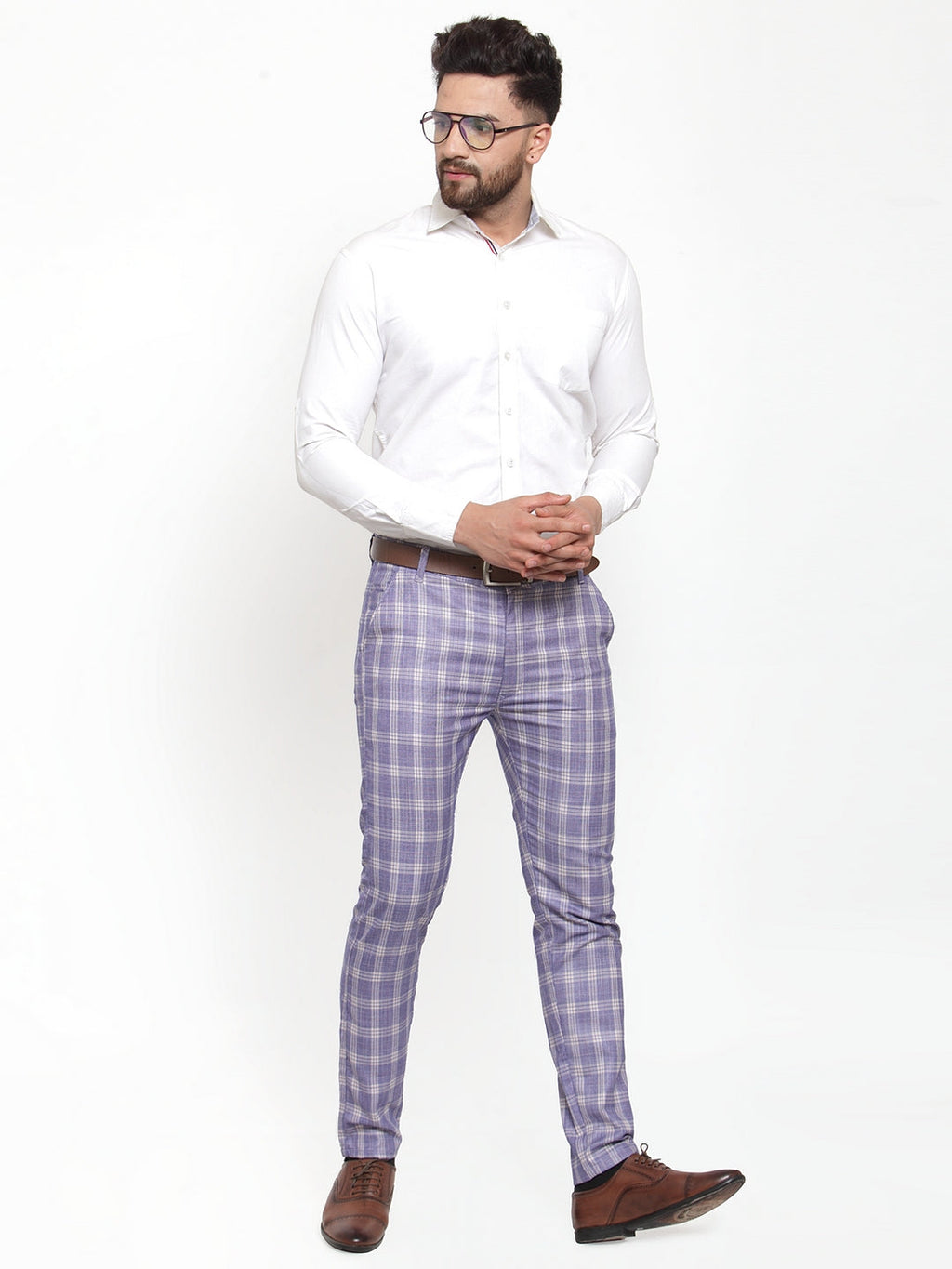Jainish Men's Blue Checked Formal Trousers ( GP 254Light-Blue ) | Grocsy