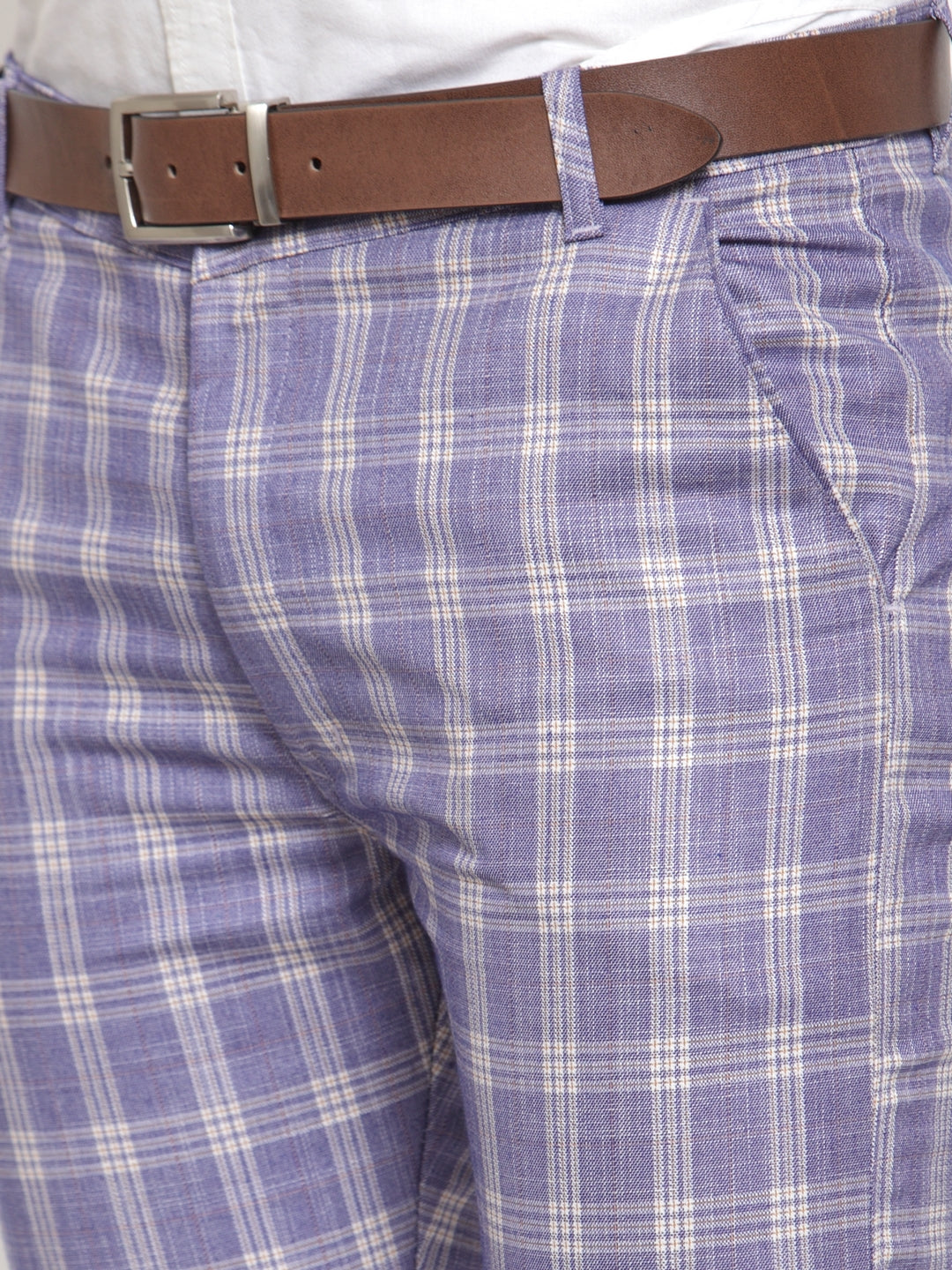Jainish Men's Blue Checked Formal Trousers ( GP 254Light-Blue ) | Grocsy