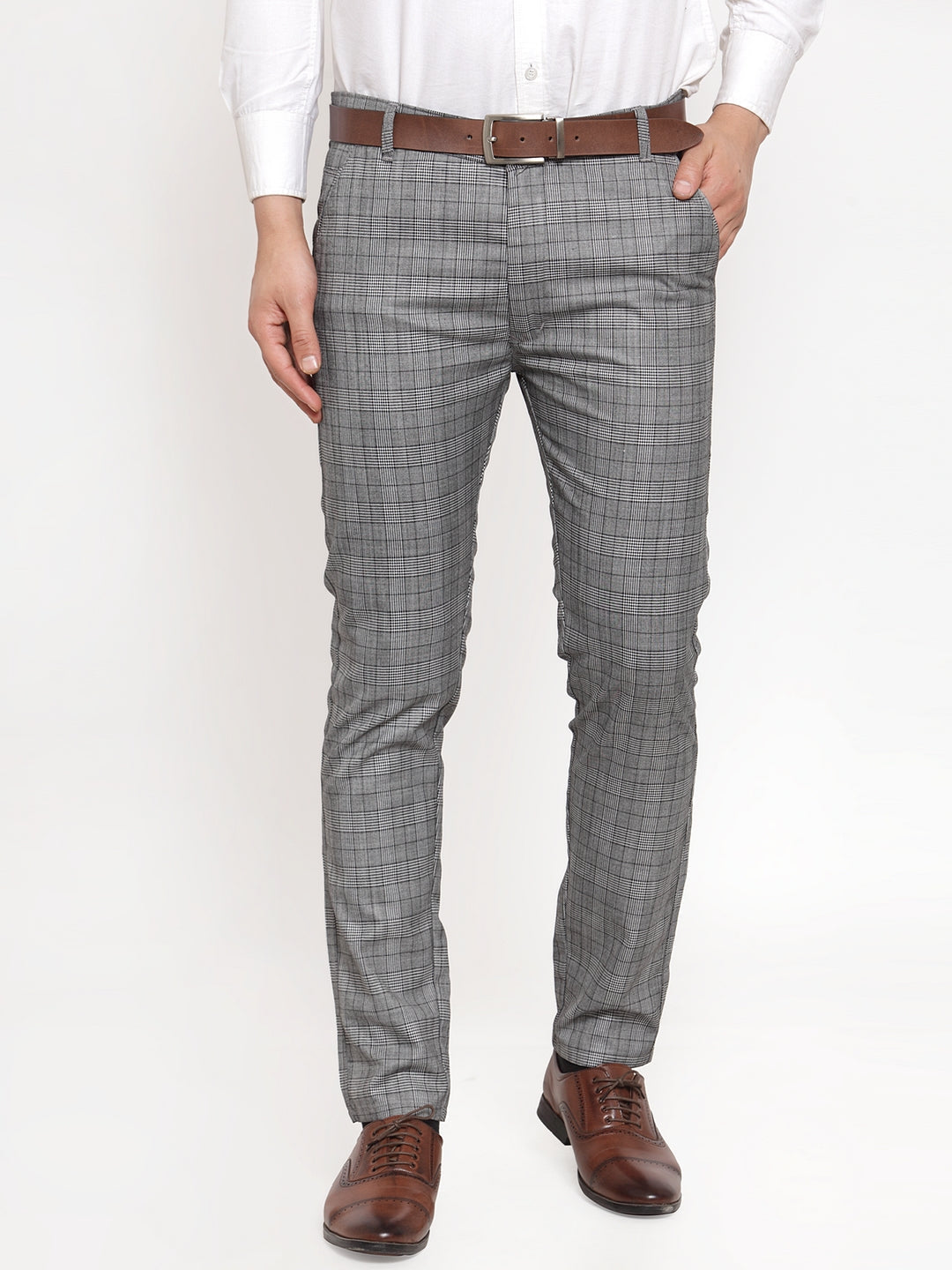 Jainish Men's Grey Checked Formal Trousers | Grocsy