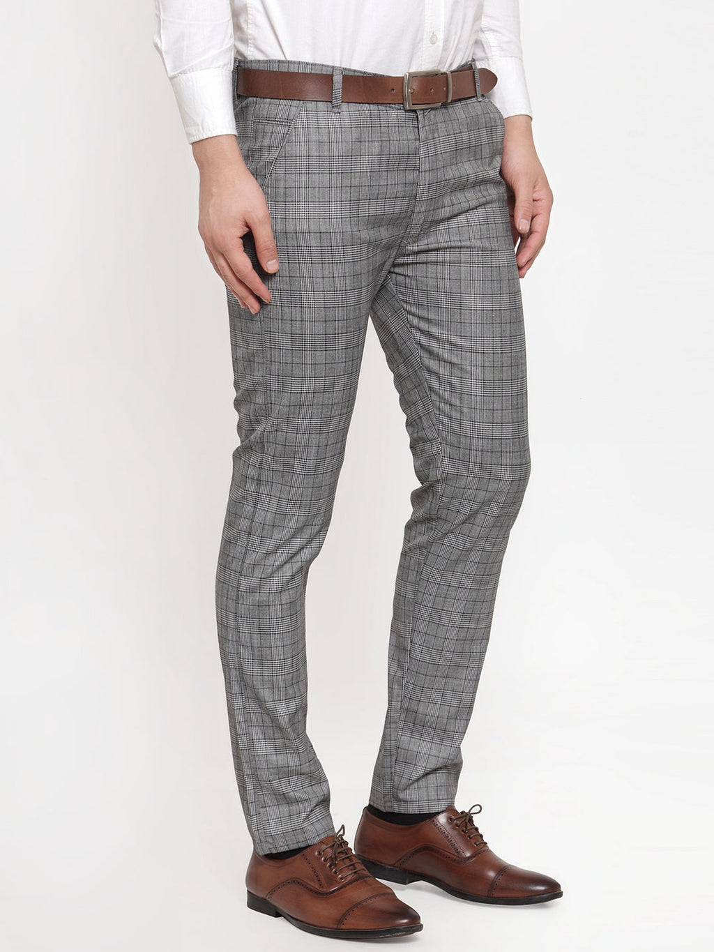 Jainish Men's Grey Checked Formal Trousers | Grocsy