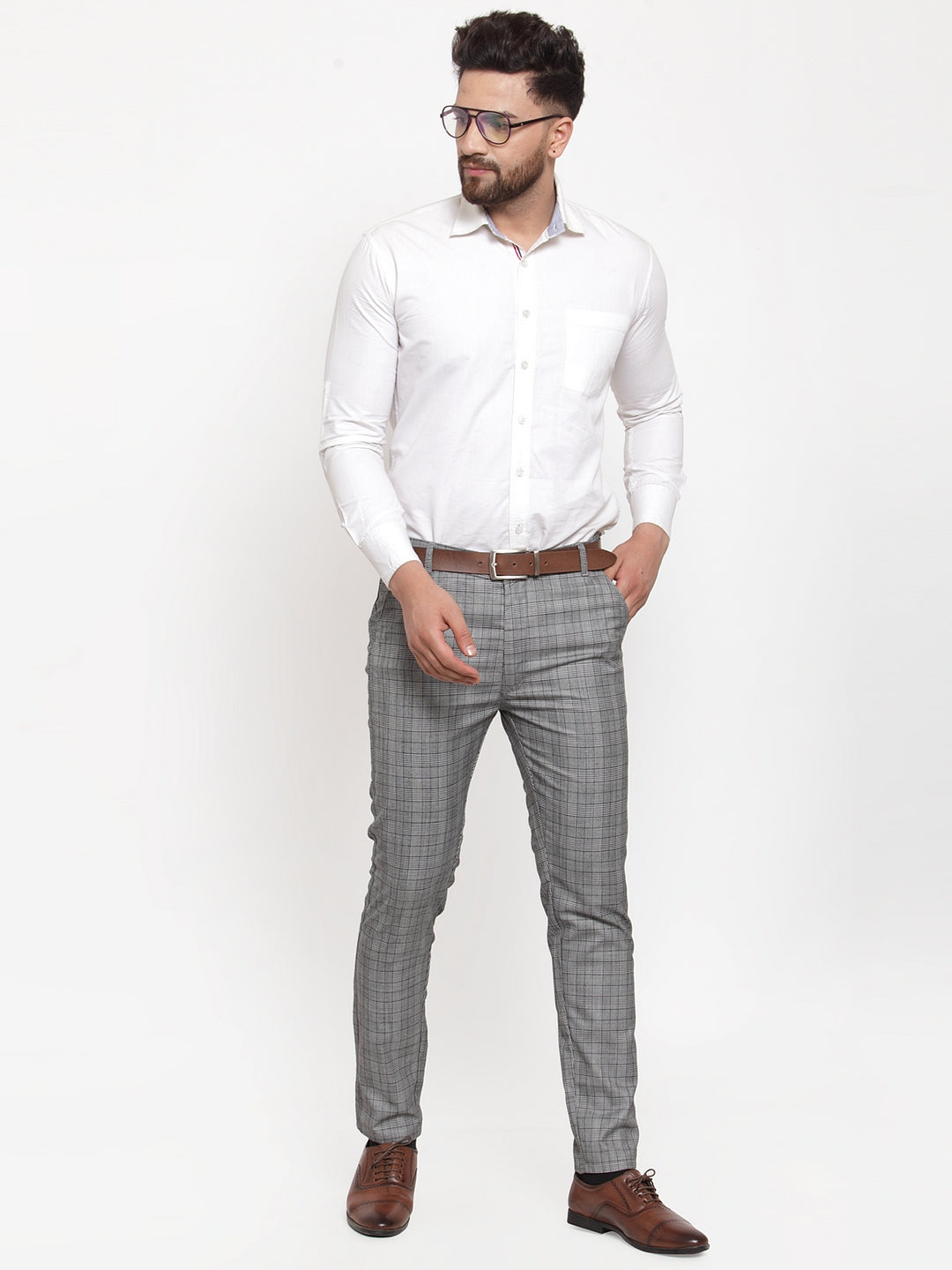 Jainish Men's Grey Checked Formal Trousers | Grocsy