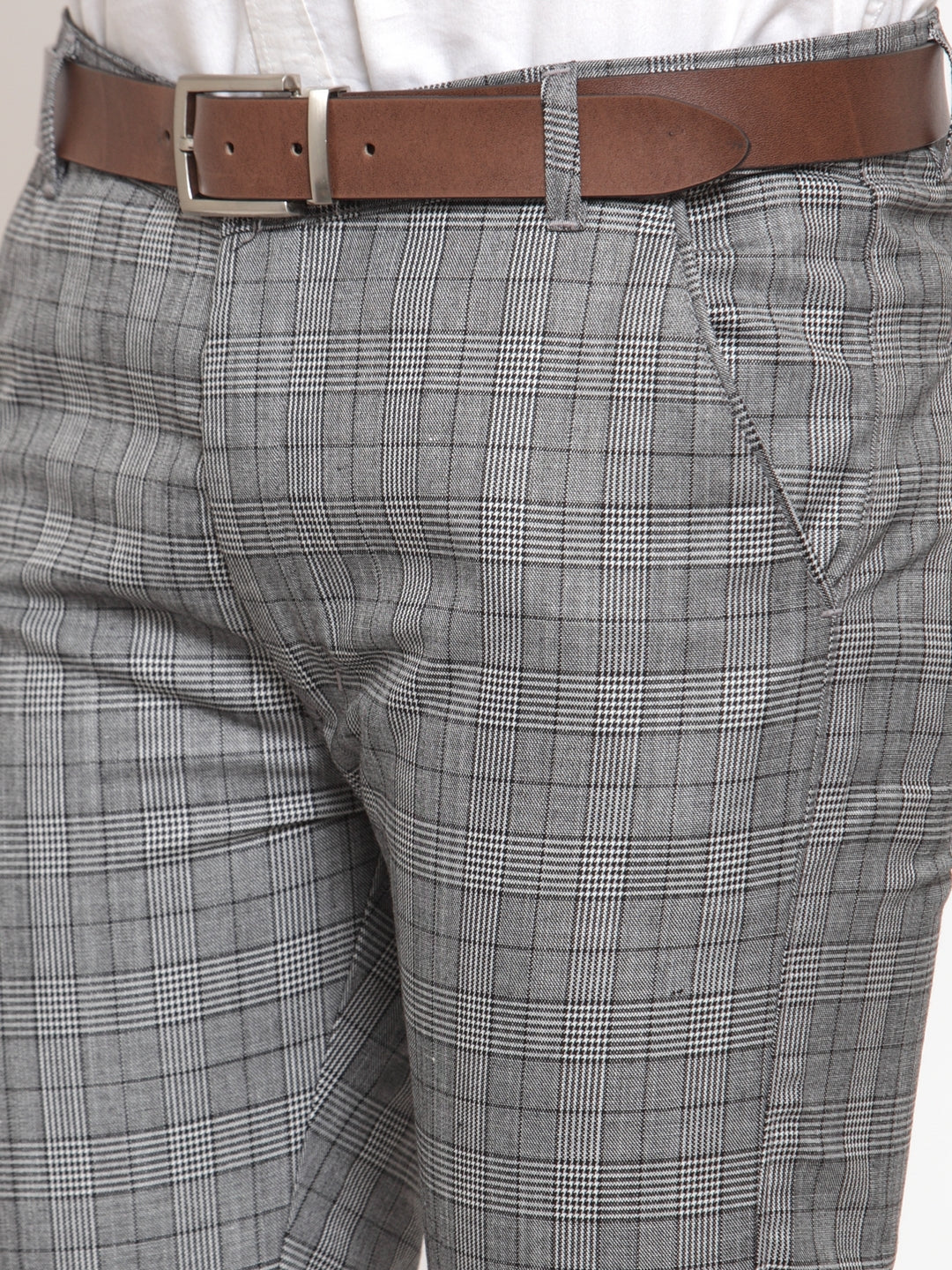 Jainish Men's Grey Checked Formal Trousers | Grocsy