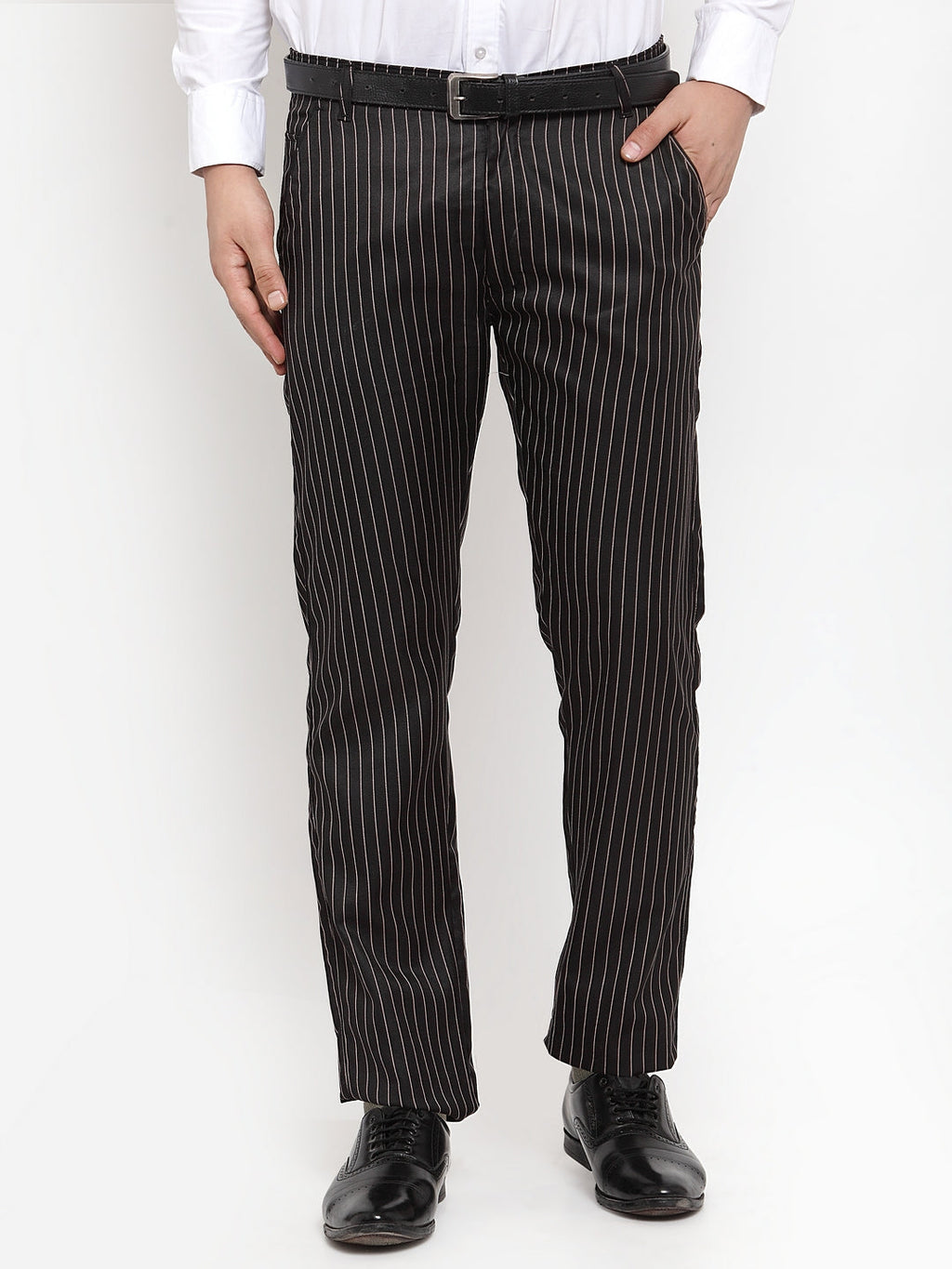 Jainish Men's Black Cotton Striped Formal Trousers ( FGP 255Black ) | Grocsy