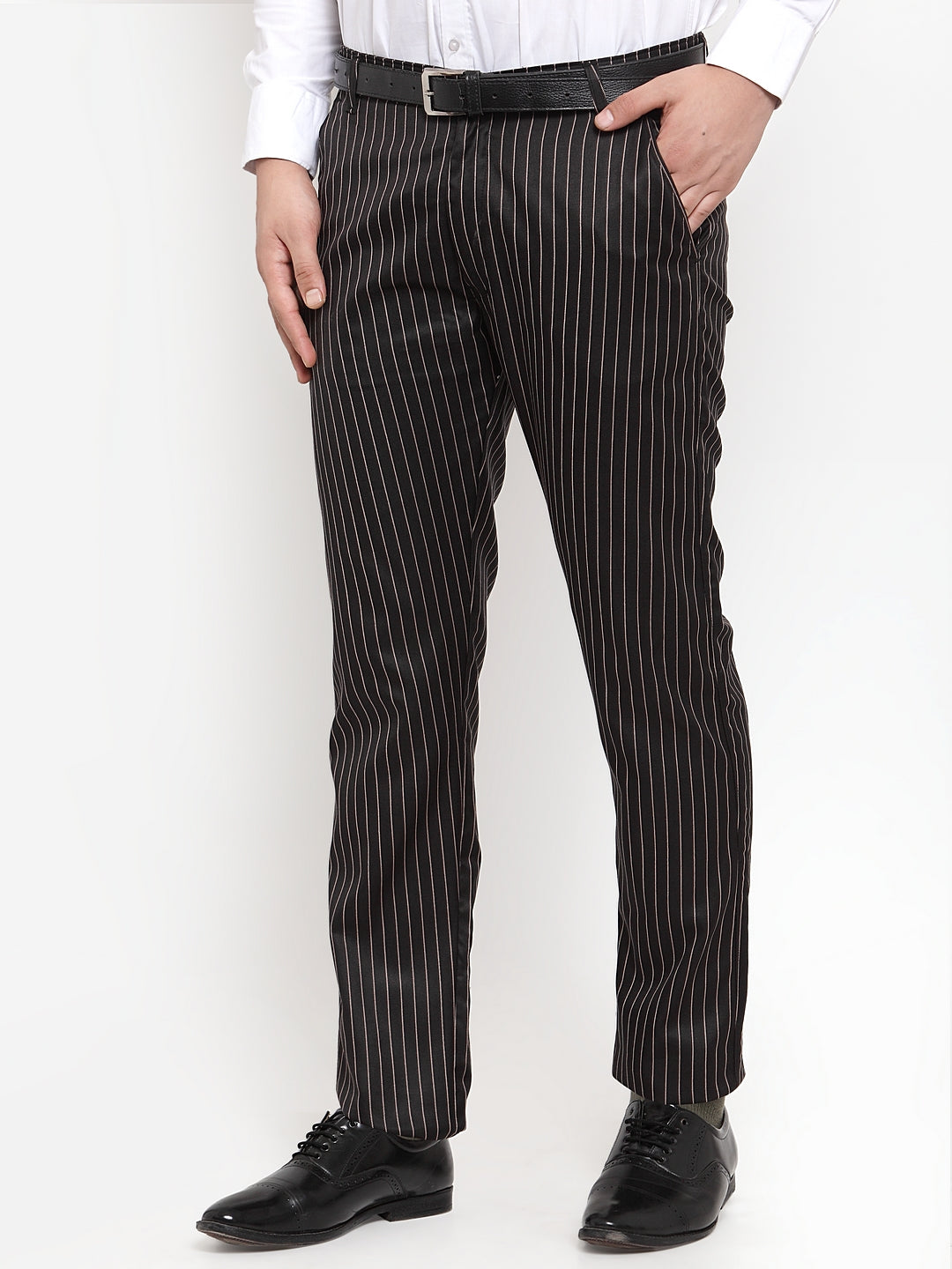 Jainish Men's Black Cotton Striped Formal Trousers ( FGP 255Black ) | Grocsy