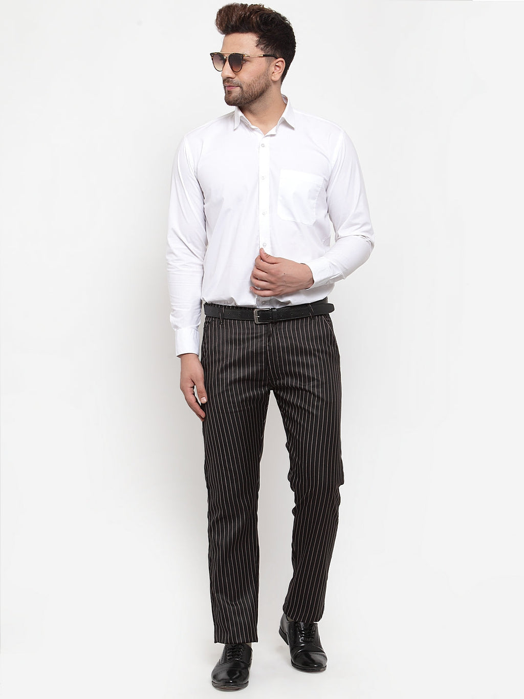 Jainish Men's Black Cotton Striped Formal Trousers ( FGP 255Black ) | Grocsy