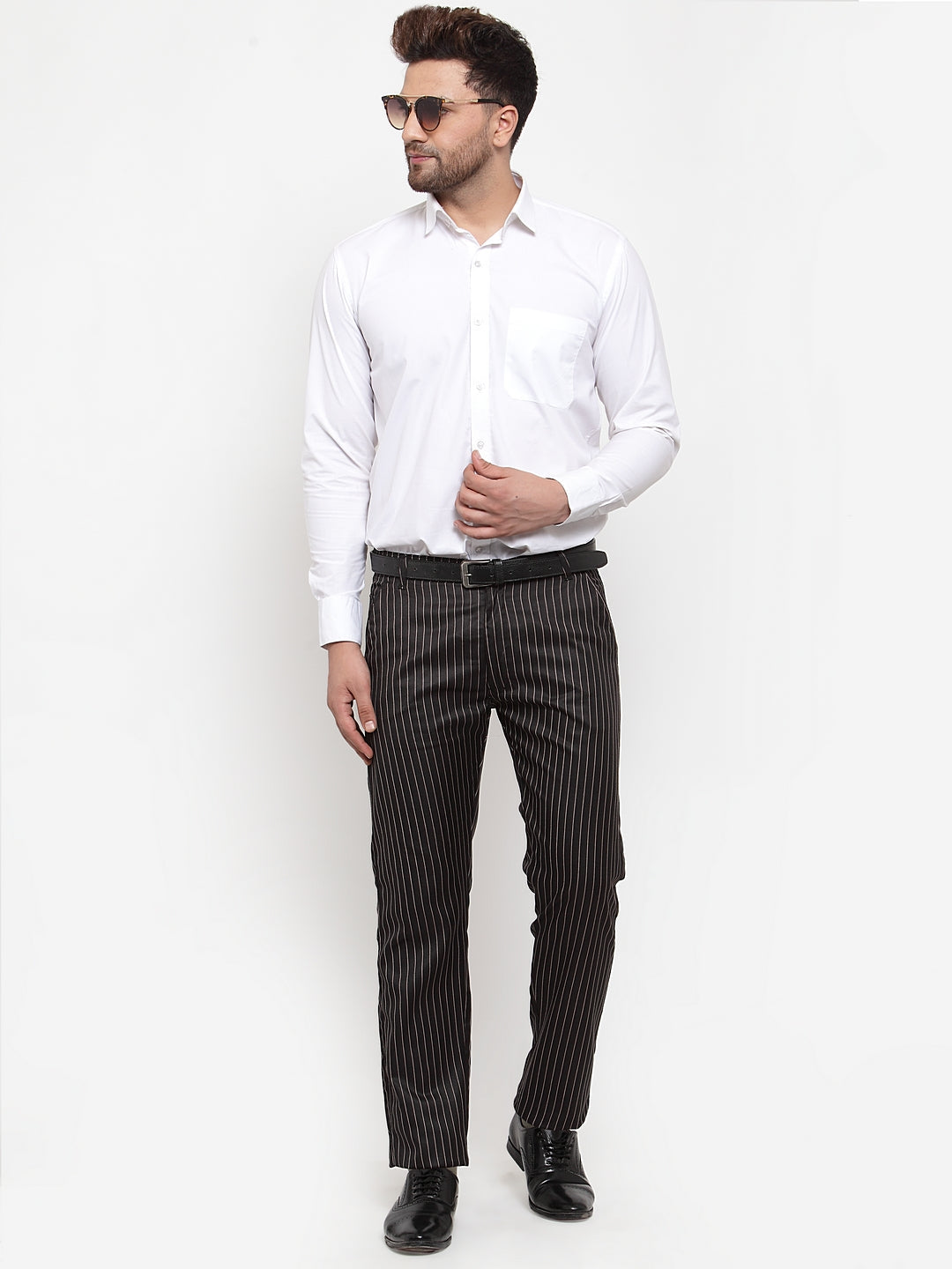 Jainish Men's Black Cotton Striped Formal Trousers ( FGP 255Black ) | Grocsy