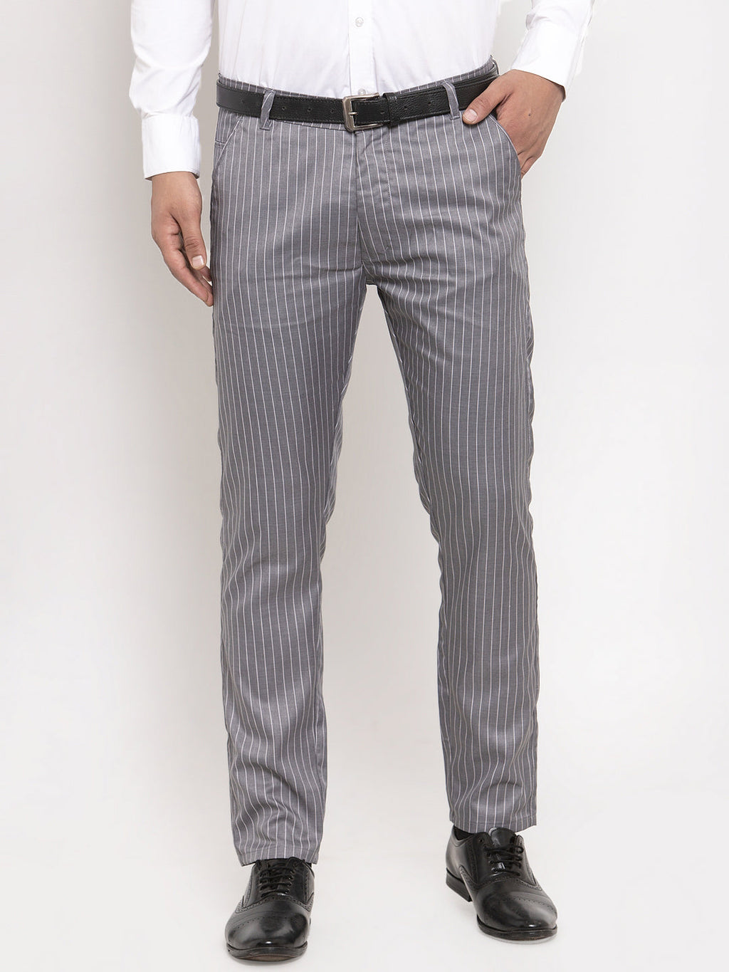 Jainish Men's Grey Cotton Striped Formal Trousers ( FGP 255Grey ) | Grocsy