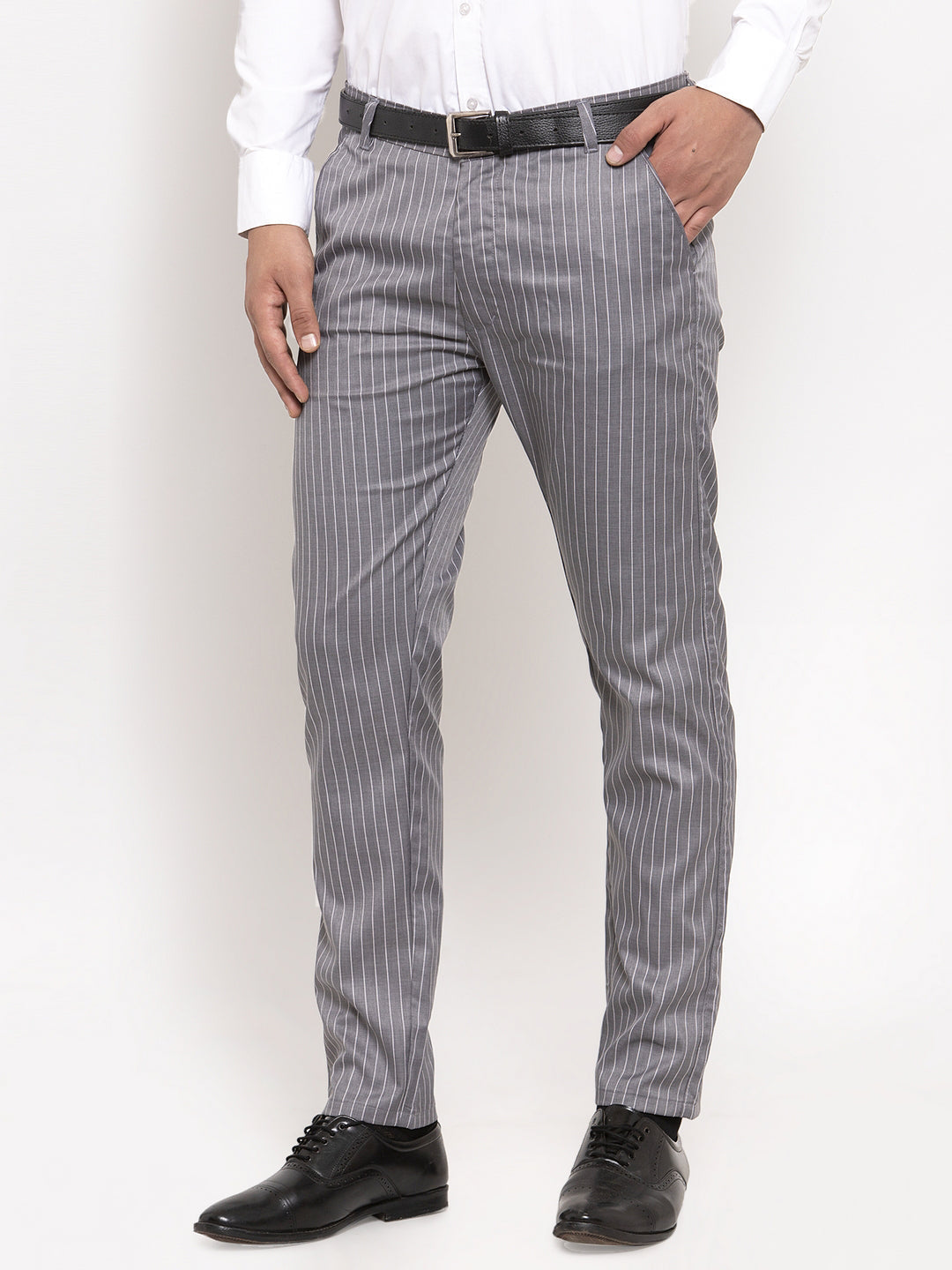 Jainish Men's Grey Cotton Striped Formal Trousers ( FGP 255Grey ) | Grocsy