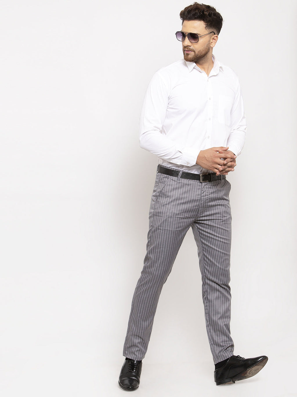 Jainish Men's Grey Cotton Striped Formal Trousers ( FGP 255Grey ) | Grocsy