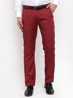 Jainish Men's Red Cotton Striped Formal Trousers ( FGP 255Maroon ) | Grocsy