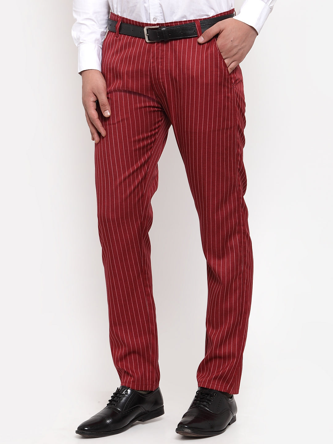 Jainish Men's Red Cotton Striped Formal Trousers ( FGP 255Maroon ) | Grocsy