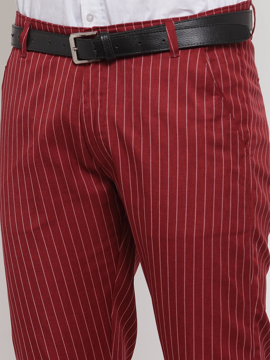 Jainish Men's Red Cotton Striped Formal Trousers ( FGP 255Maroon ) | Grocsy