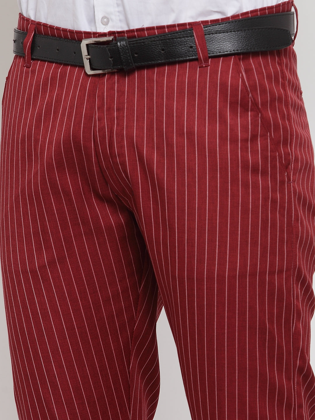 Jainish Men's Red Cotton Striped Formal Trousers ( FGP 255Maroon ) | Grocsy