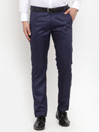 Jainish Men's Blue Cotton Striped Formal Trousers ( FGP 255Navy-Blue ) | Grocsy