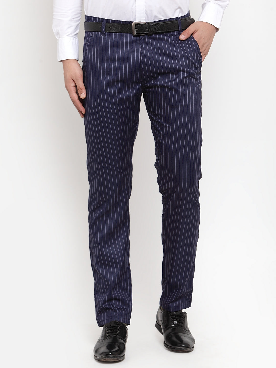 Jainish Men's Blue Cotton Striped Formal Trousers ( FGP 255Navy-Blue ) | Grocsy