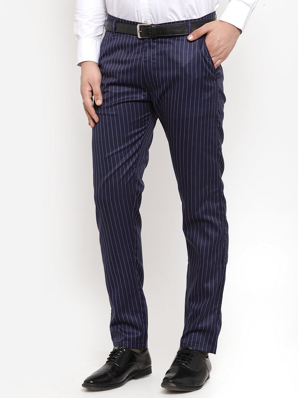 Jainish Men's Blue Cotton Striped Formal Trousers ( FGP 255Navy-Blue ) | Grocsy