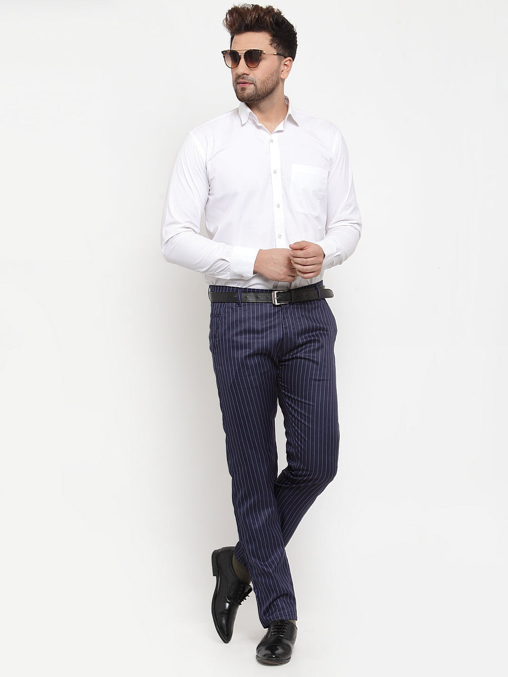 Jainish Men's Blue Cotton Striped Formal Trousers ( FGP 255Navy-Blue ) | Grocsy