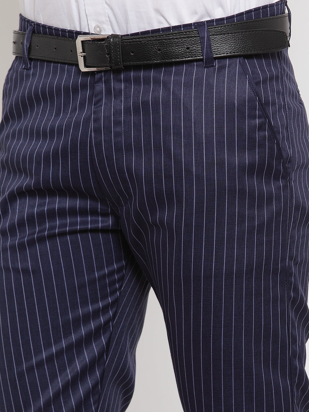 Jainish Men's Blue Cotton Striped Formal Trousers ( FGP 255Navy-Blue ) | Grocsy