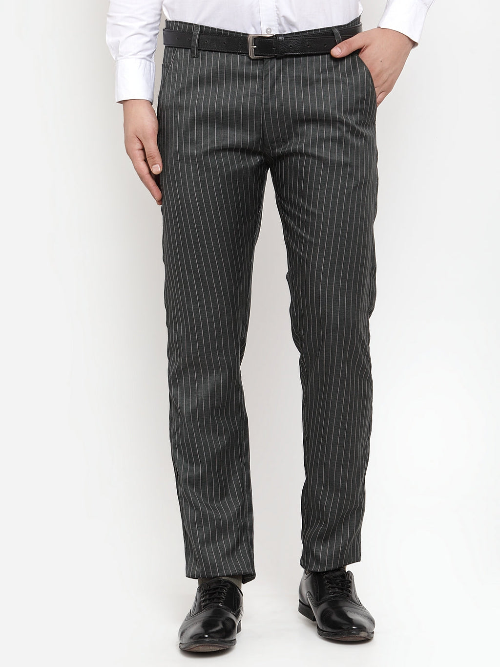 Jainish Men's Green Cotton Striped Formal Trousers ( FGP 255Olive ) | Grocsy