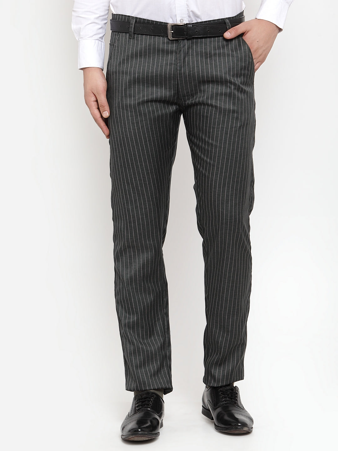Jainish Men's Green Cotton Striped Formal Trousers ( FGP 255Olive ) | Grocsy