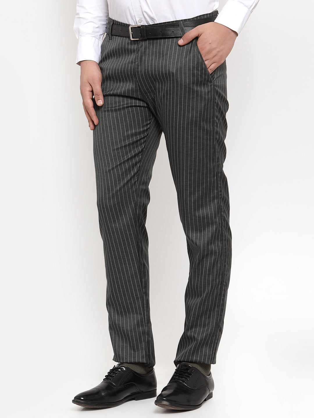 Jainish Men's Green Cotton Striped Formal Trousers ( FGP 255Olive ) | Grocsy