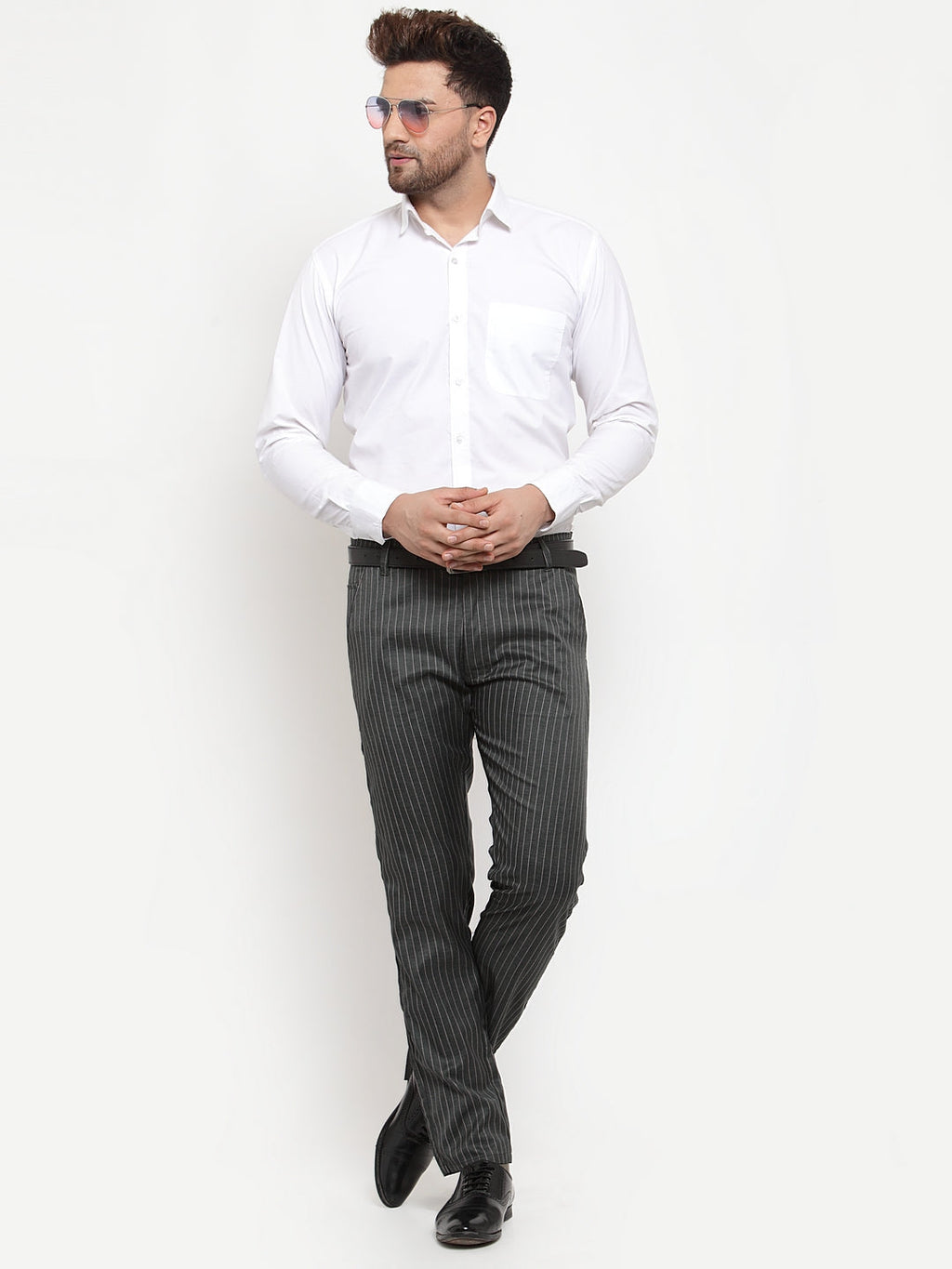 Jainish Men's Green Cotton Striped Formal Trousers ( FGP 255Olive ) | Grocsy